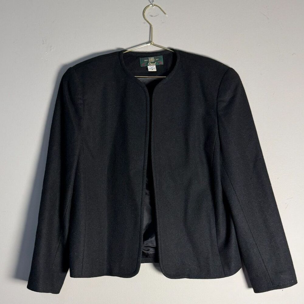 Vintage Orvis Black Herringbone Collarless Jacket Size 8 Made in USA Minimalist